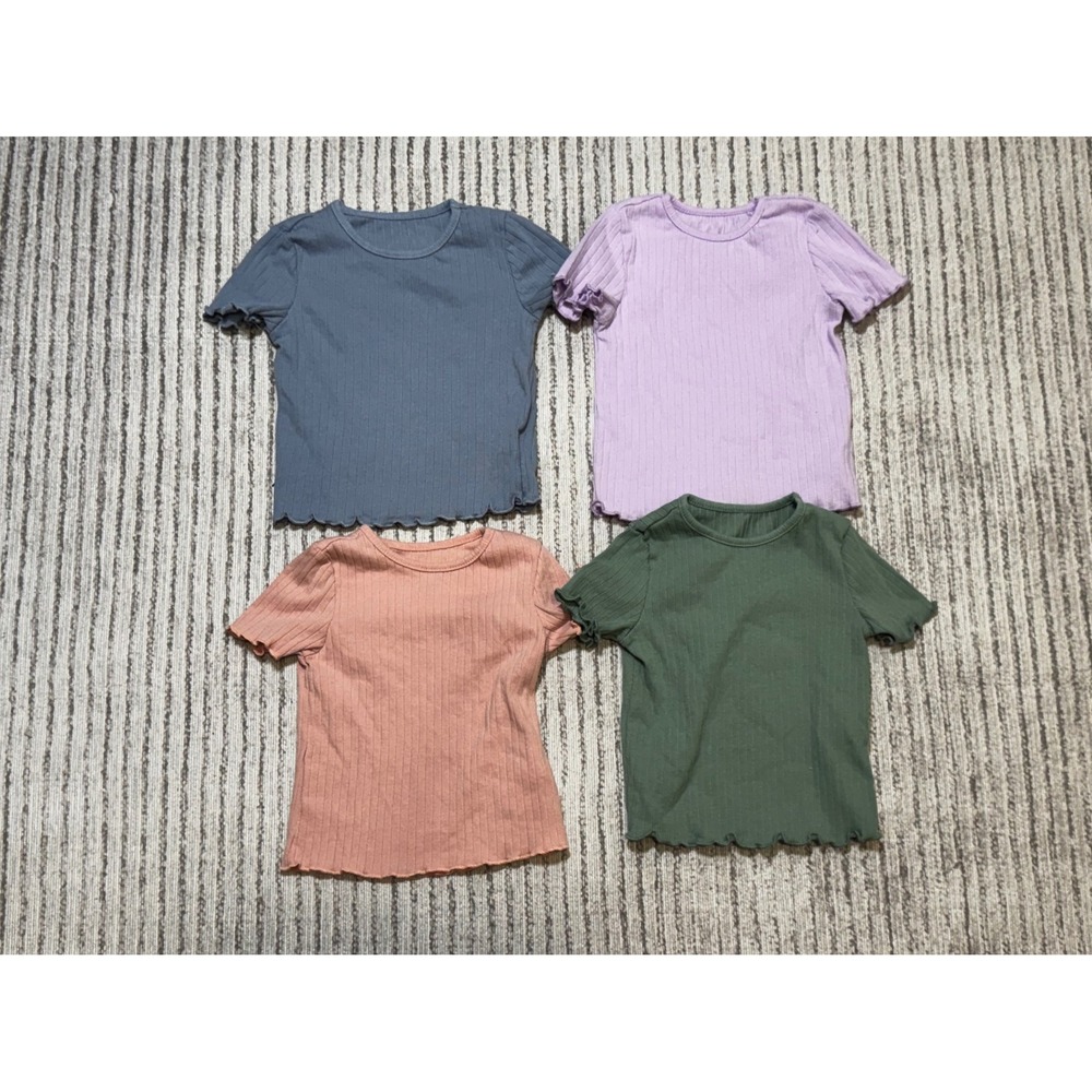 Shein Girls 4 Pack Ribbed‎ Short Sleeve Lettuce Trim Shirts Multi Color Size 3T